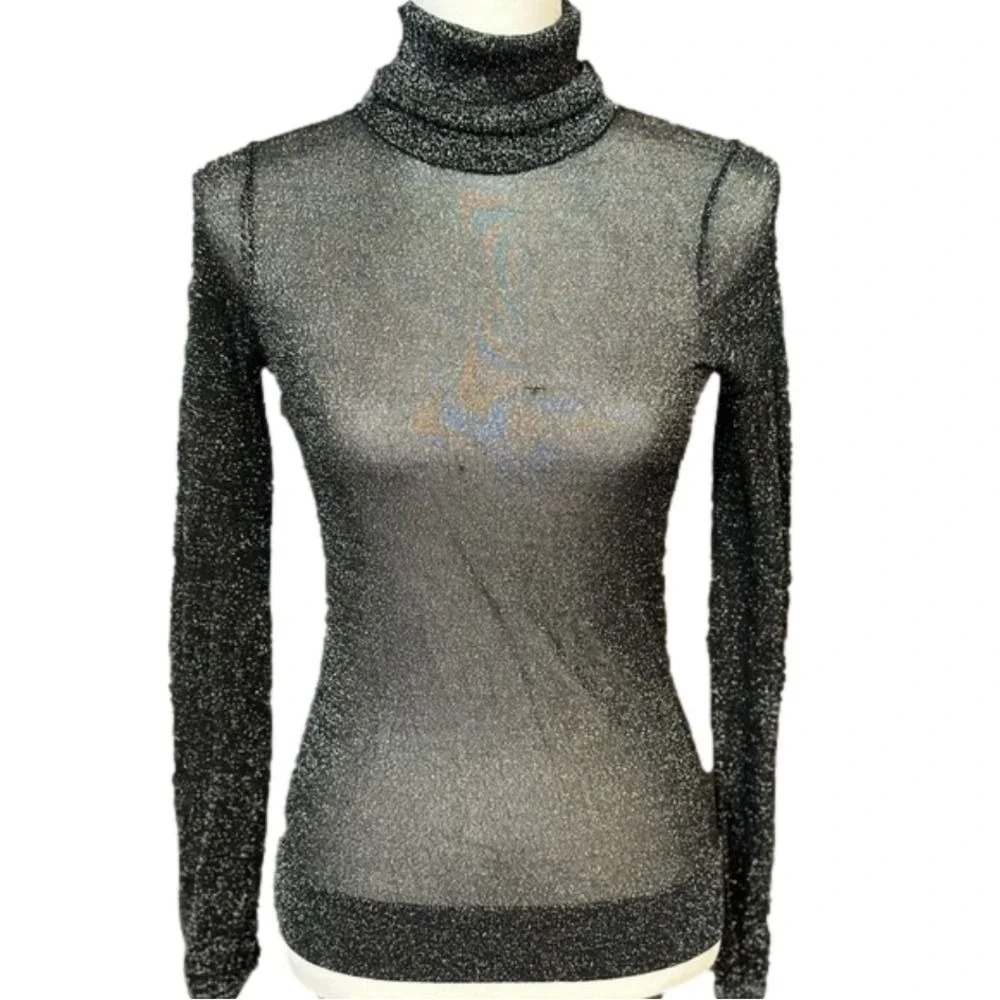 Michael Kors Women Turtleneck Top Metallic Silver Black Mesh Sheer XS